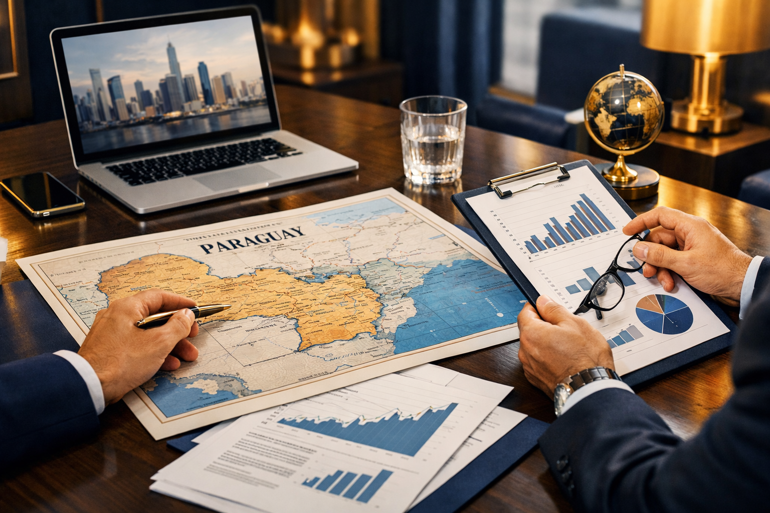 Investidor analisando mapa do Paraguai e gráficos de investimento