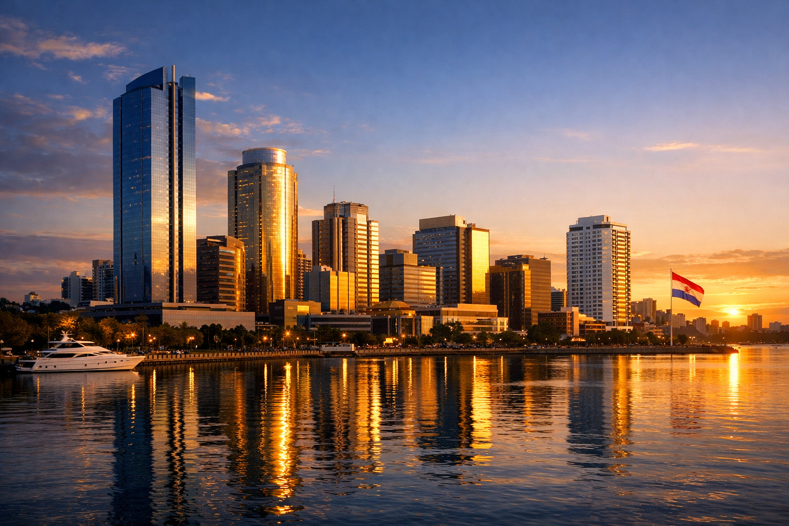 Horizonte de cidade sul-americana ao entardecer, simbolizando crescimento econômico